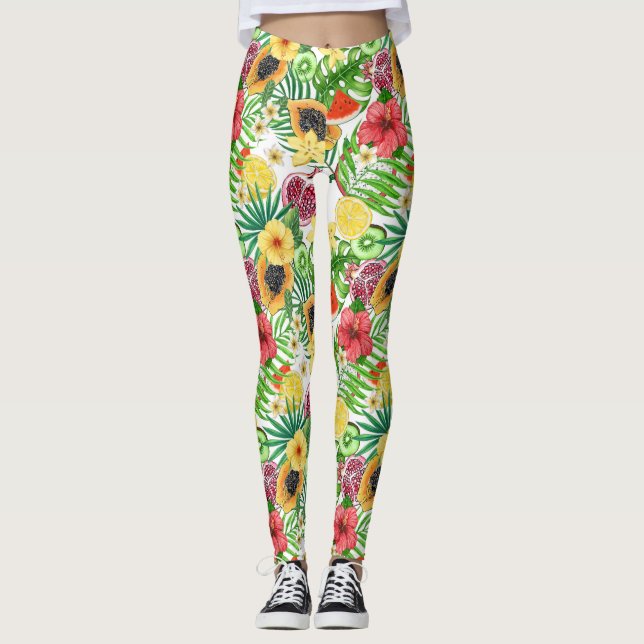 Tropical mix-fruit, flowers and leaves on white leggings (Front)