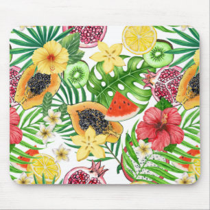 Tropical mix-fruit, flowers and leaves on white mouse mat