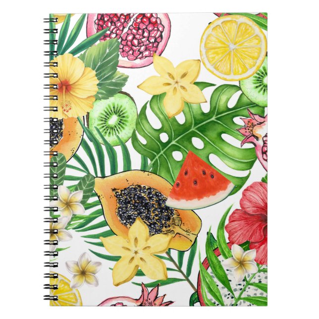 Tropical mix-fruit, flowers and leaves on white notebook (Front)
