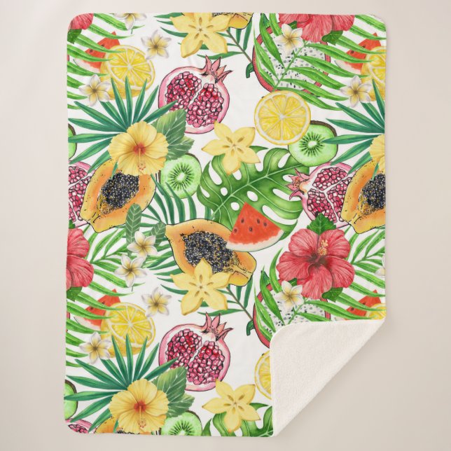 Tropical mix-fruit, flowers and leaves on white sherpa blanket (Front)