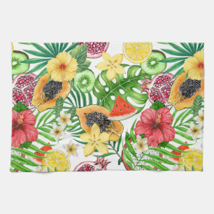 Tropical mix-fruit, flowers and leaves on white tea towel