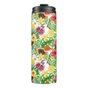Tropical mix-fruit, flowers and leaves on white thermal tumbler