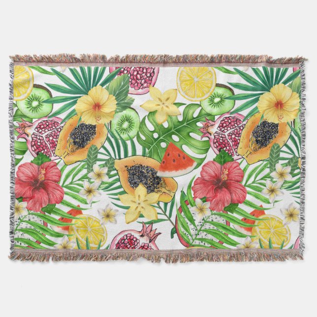 Tropical mix-fruit, flowers and leaves on white throw blanket (Front)