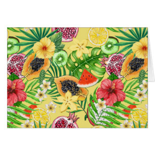 Tropical mix-fruit, flowers and leaves on yellow