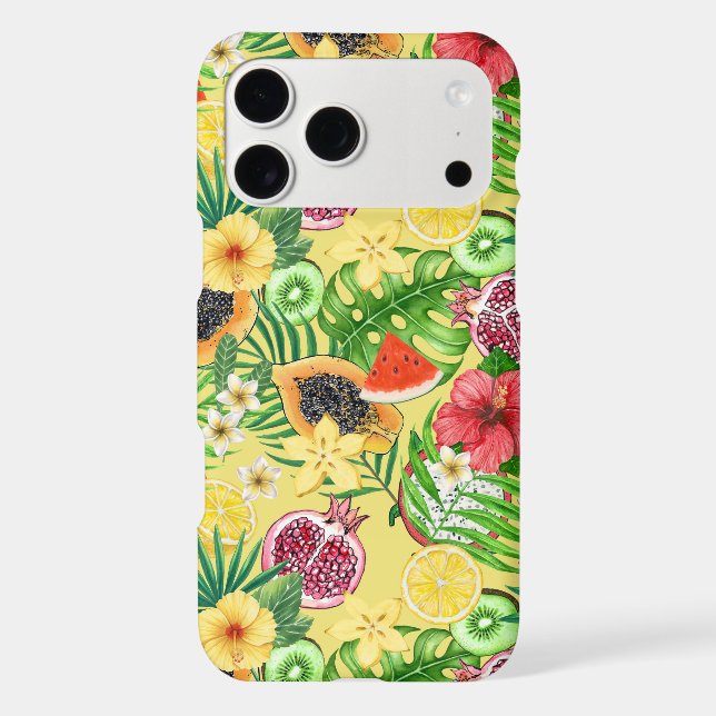 Tropical mix-fruit, flowers and leaves on yellow (Back)