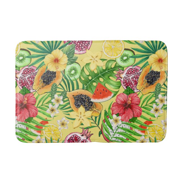 Tropical mix-fruit, flowers and leaves on yellow bath mat (Front)
