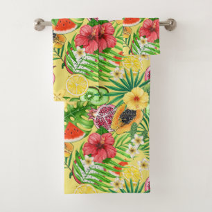 Tropical mix-fruit, flowers and leaves on yellow bath towel set