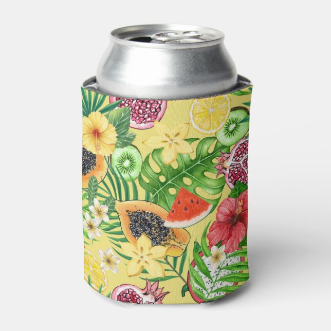 Tropical mix-fruit, flowers and leaves on yellow can cooler (Can Front)