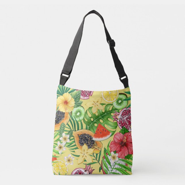 Tropical mix-fruit, flowers and leaves on yellow crossbody bag (Front)