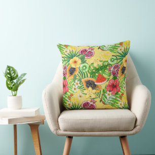 Tropical mix-fruit, flowers and leaves on yellow cushion