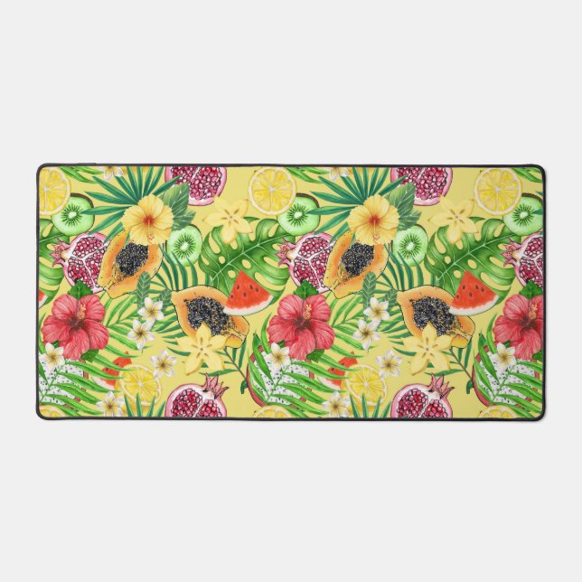 Tropical mix-fruit, flowers and leaves on yellow desk mat (Front)