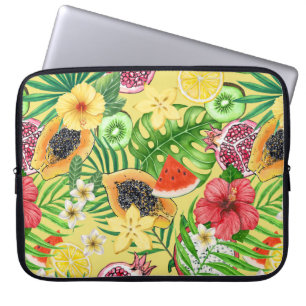 Tropical mix-fruit, flowers and leaves on yellow laptop sleeve