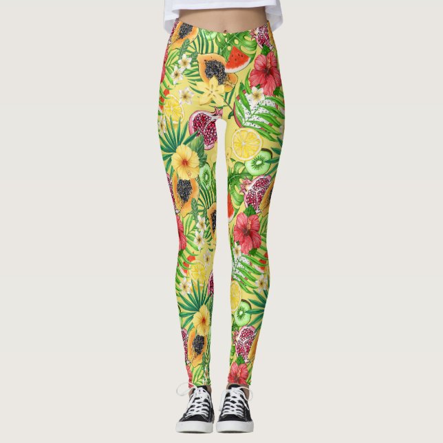 Tropical mix-fruit, flowers and leaves on yellow leggings (Front)