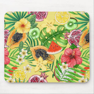 Tropical mix-fruit, flowers and leaves on yellow mouse mat