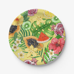 Tropical mix-fruit, flowers and leaves on yellow paper plate