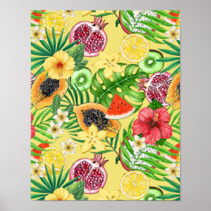 Tropical mix-fruit, flowers and leaves on yellow poster