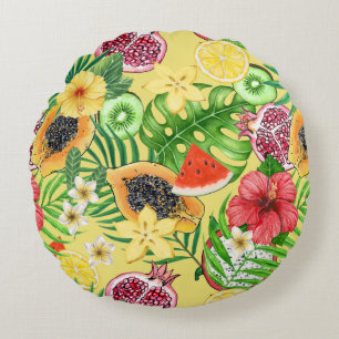 Tropical mix-fruit, flowers and leaves on yellow round cushion