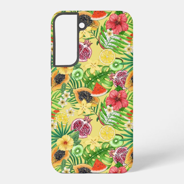 Tropical mix-fruit, flowers and leaves on yellow samsung galaxy s22+ case (Back)