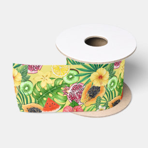 Tropical mix-fruit, flowers and leaves on yellow satin ribbon