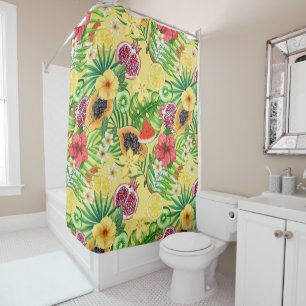 Tropical mix-fruit, flowers and leaves on yellow shower curtain