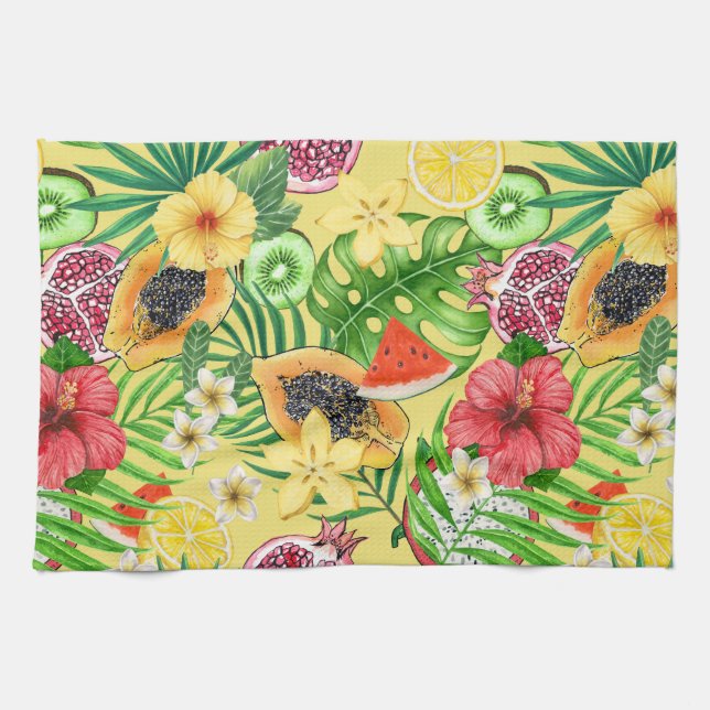 Tropical mix-fruit, flowers and leaves on yellow tea towel (Horizontal)