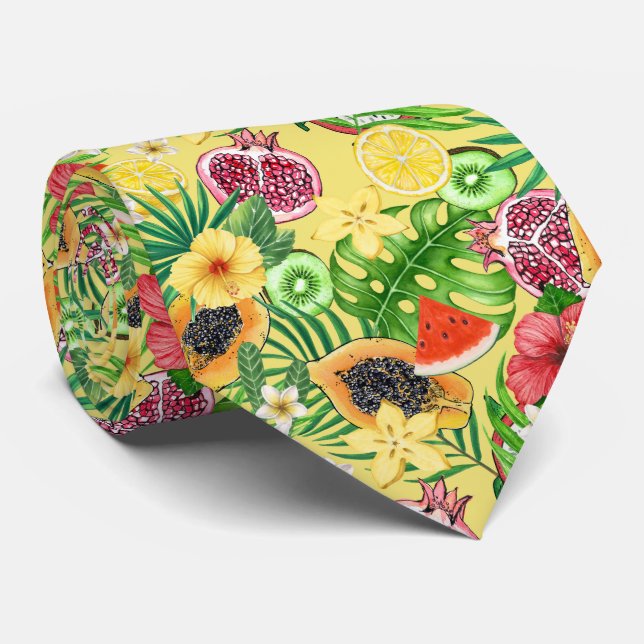 Tropical mix-fruit, flowers and leaves on yellow tie (Rolled)