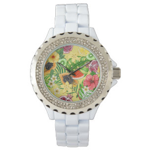 Tropical mix-fruit, flowers and leaves on yellow watch
