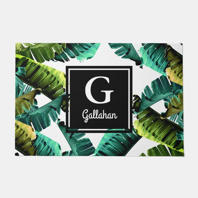 Tropical Modern Banana Leaves Family Name Doormat (Front)
