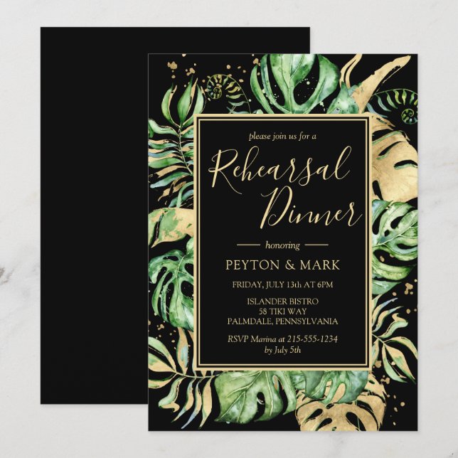 Tropical Modern Black & Gold Rehearsal Dinner Invitation (Front/Back)