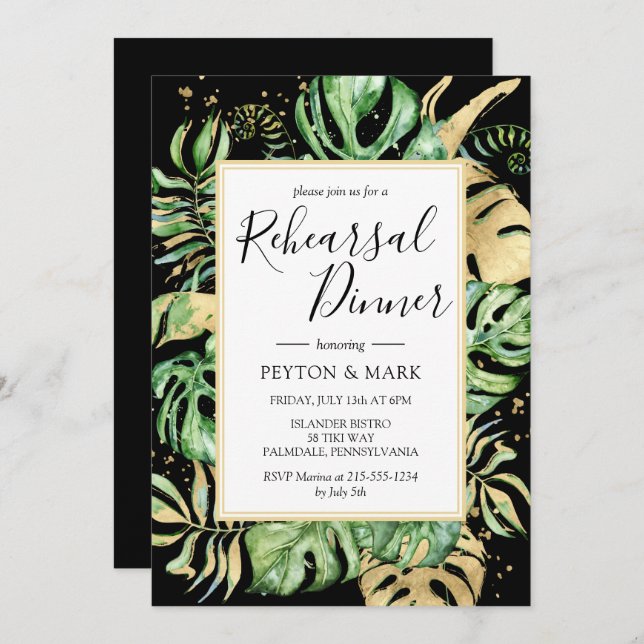 Tropical Modern Black & Gold Rehearsal Dinner Invitation (Front/Back)