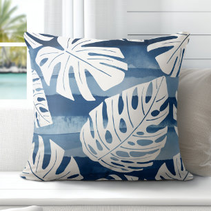 Tropical Modern Blue White Palm Leaves Cushion