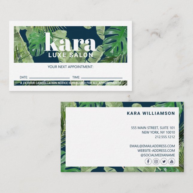 Tropical Modern Boutique Salon Navy Appointment Loyalty Card (Front/Back)