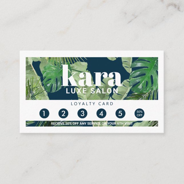 Tropical Modern Boutique Salon Navy Loyalty Card (Front)