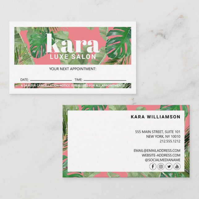Tropical Modern Boutique Salon Pink Appointment Loyalty Card (Front/Back)