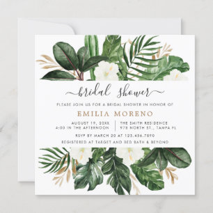 Tropical Modern Palm Cactus White Floral Bridal Invitation