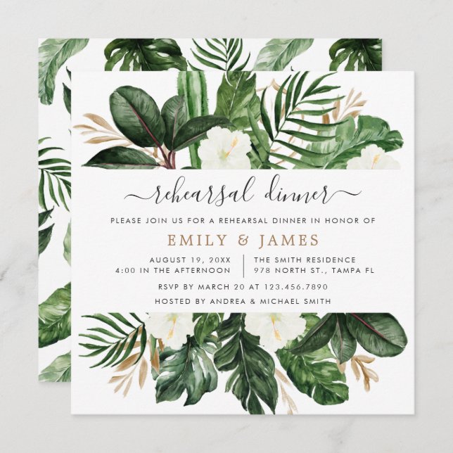 Tropical Modern Palm Cactus White Floral Rehearsal Invitation (Front/Back)