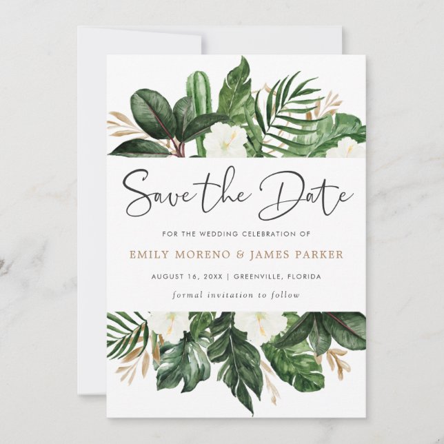 Tropical Modern Palm Cactus White Floral Save The Date (Front)