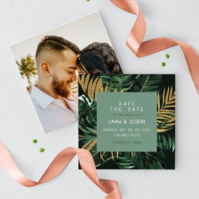 Tropical modern Palm leaves green Save the Date In Invitation (Creator Uploaded)