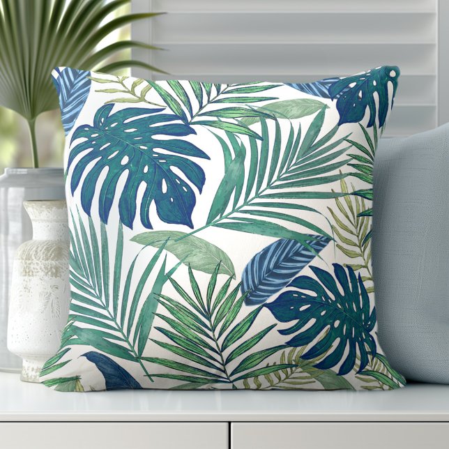 Tropical Modern Palm Leaves Throw Pillow (Discover our Elegant Coastal Throw Pillows in Blue & White.)