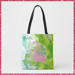 Tropical Modern Pink Flamingo and Palms Tote Bag