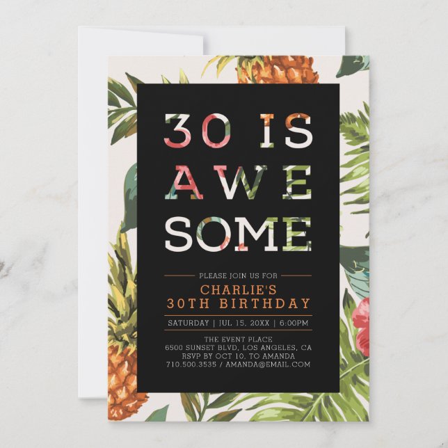 Tropical Modern Typography 30th Birthday Party Invitation (Front)