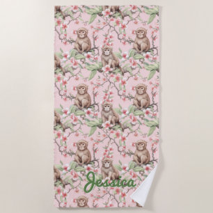 Tropical Monkey   Pink Personalized Beach Towel