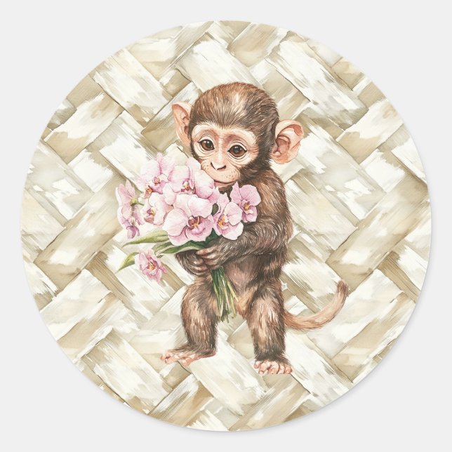 Tropical Monkey with Orchids Classic Round Sticker (Front)