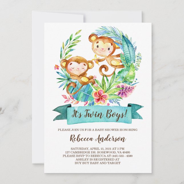 Tropical Monkeys Twin Boys Baby Shower Invitation (Front)