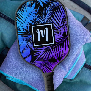 Tropical Monogram Blue Purple Ombre Palm Modern Pickleball Paddle