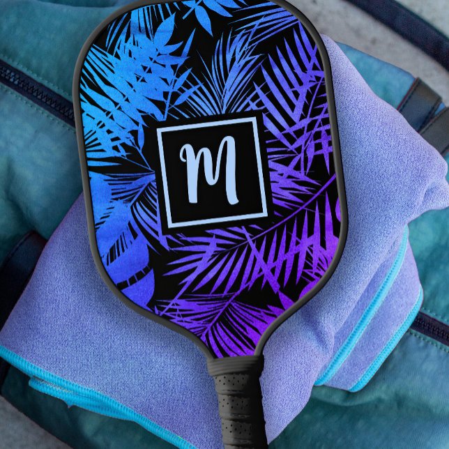 Tropical Monogram Blue Purple Ombre Palm Modern Pickleball Paddle (Creator Uploaded)