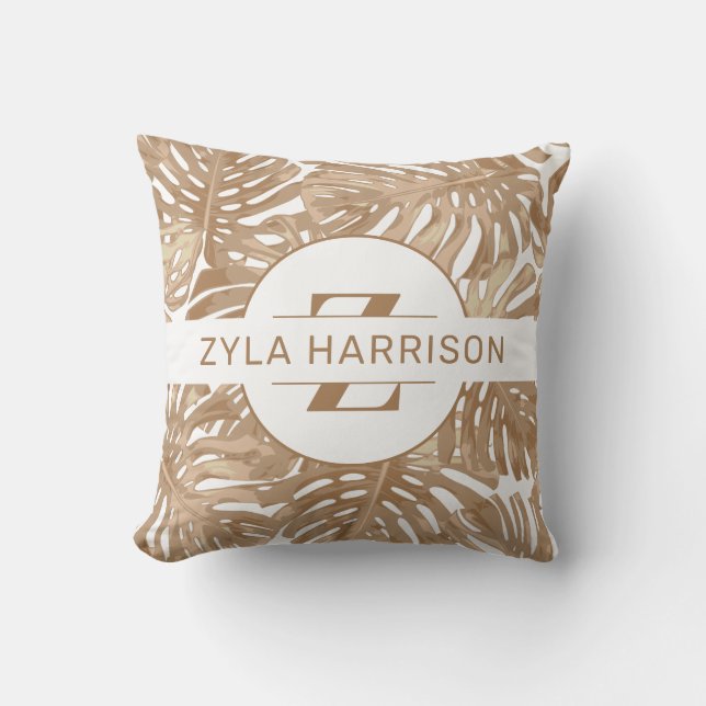 Tropical Monogram Boho Brown White Palm Leaves Cushion (Front)