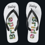 Tropical Monogram Bride Flip Flops<br><div class="desc">Celebrate your upcoming wedding with these bright tropical floral bride flip flops. 
Perfect on your wedding day when getting ready with your wedding party.
Bright pink,  green and yellow flowers texturise the inside of the font. Personalise with your name.
Matching wedding party items available.</div>