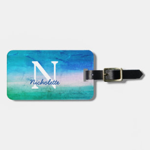 Tropical Monogram Distressed Blue Green Beachy Luggage Tag