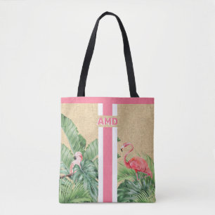 Tropical Monogram Faux Burlap Jute  Tote Bag